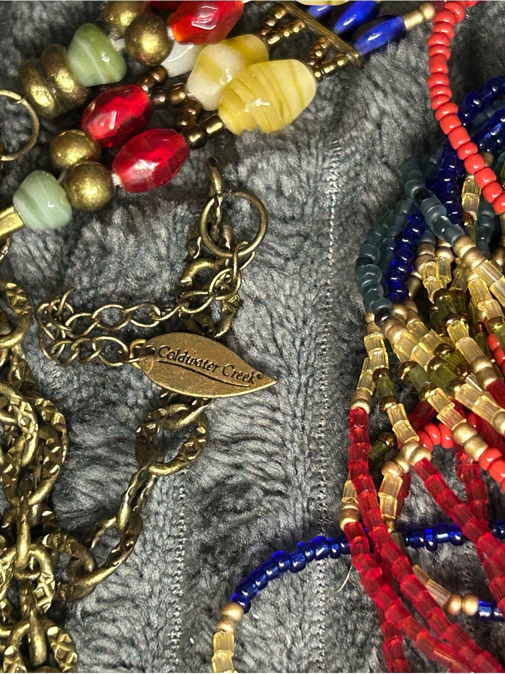 Coldwater Creek Red, Blue, Gold Multistrand Beaded Fringe Necklace - Picture 2 of 9